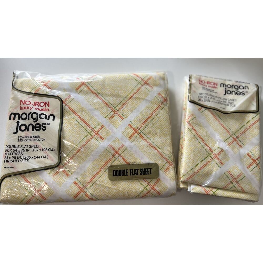 Vtg Morgan Jones Full Flat Sheet & Pillowcases Retro Tattersall Luxury Muslin